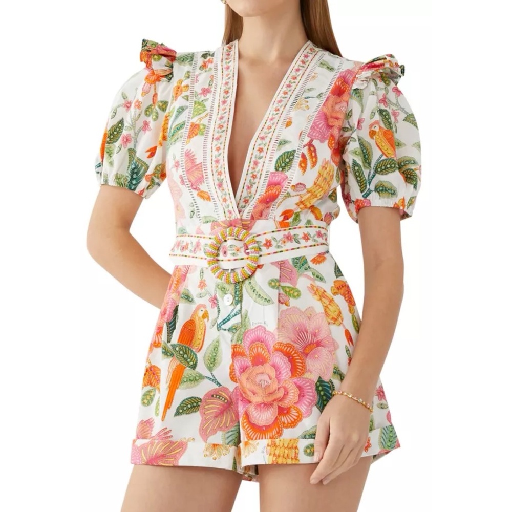 NWT FARM Rio Pink, Green & Orange Tropical Floral Belted Romper - Picture 4 of 15